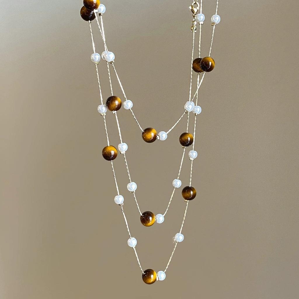 Trendy Vintage Tiger Eye Stone Pearl Bead Stacked Necklace For Women Fashionable Autumn And Winter Charm Jewelry
