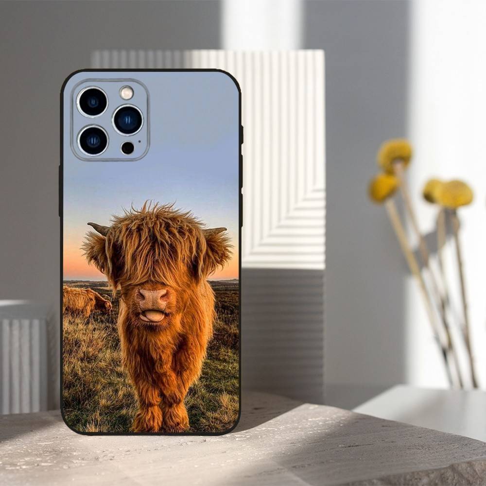 Cute Art Highland Cow For iPhone 12,14,13,15,16,11,17,X,Mini,XR,SE,XS,Plus,Pro,Max,8,7,Soft Silicone Black Case