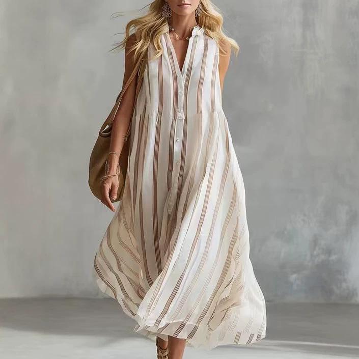 European and American new long dress Bohemian elegant striped sleeveless V-neck dress women