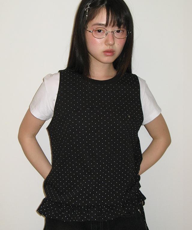 RONRON Frill Shirring Sleeveless Black Dot