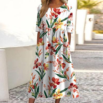 Summer Women Dress Round Neck Floral Print A-line Loose Hem Side Pockets Short Sleeves Mid-calf Length Vacation Daily Lady Midi Dress