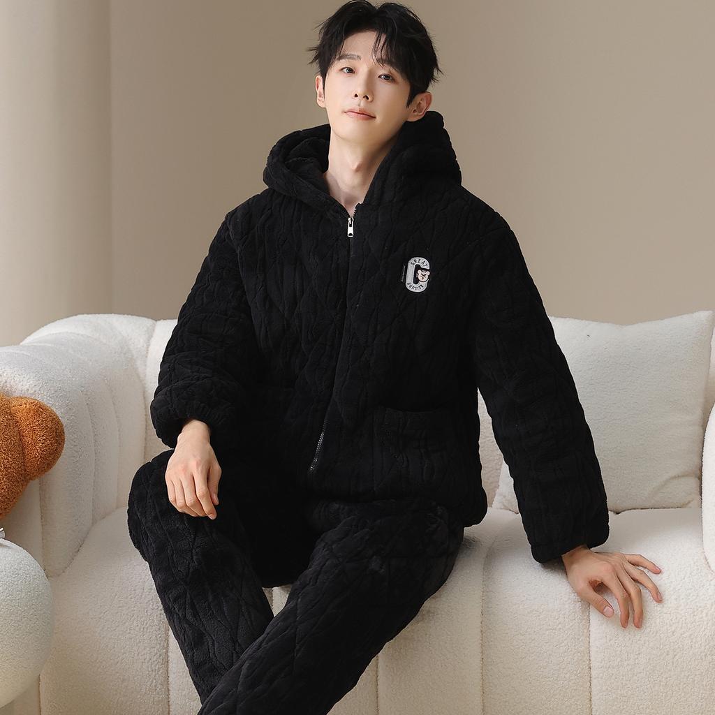 [Super thick] Coral fleece pajamas men's winter three-layer padded thickened padded jacket warm loungewear set winter