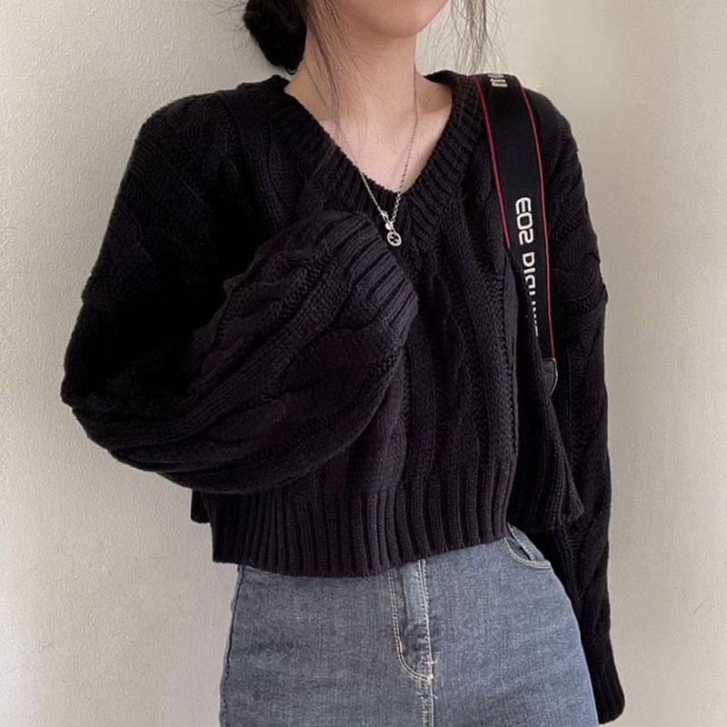 Autumn Winter Vintage Twist Cropped Sweater Pullover Women Loose V-Neck Knitted Jumper Lazy Style Classic Long Sleeve Knitwear