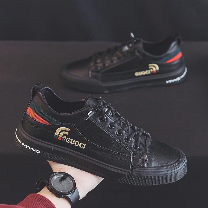 The latest breathable shoes men s leather white flats fashion sports shoes men s sports running ex-factory price leather shoes 41 чёрный