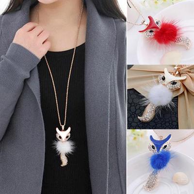 Gioielli da donna con collana lunga in maglione con ciondolo in volpe carina con piume di strass da donna