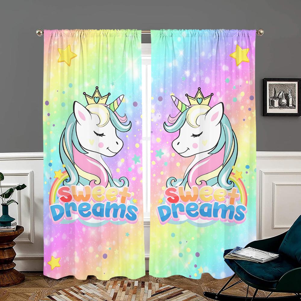 

2 Pieces, Cute Cartoon Unicorn Curtains - Suitable for Living Room, Bedroom, Kitchen and Home Decoration - Add Decorative Fun. W150CM H166CM&Rod pocket