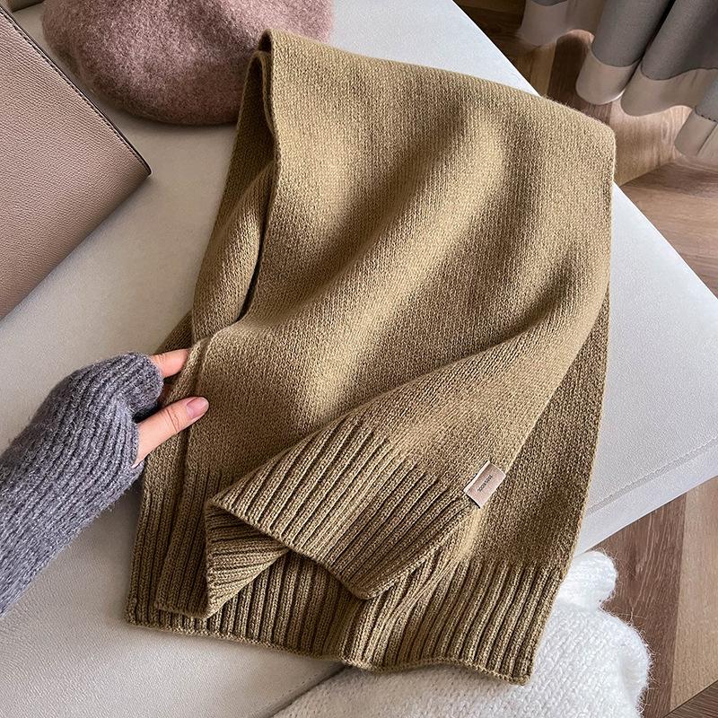 High-grade 100 Wool Scarf Women's Winter Thickened Warm High-end Sense Simple Monochrome Knitted Versatile Scarf Gift