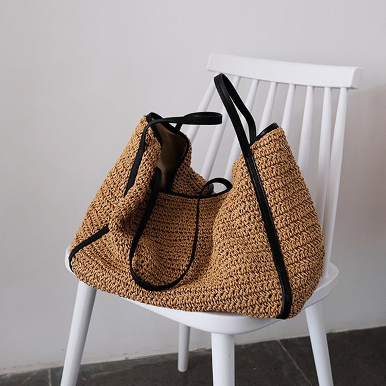 Bolsos de Mimbre Tejidos Casuales Diseño Grande de Lujo Capacidad Bolso de Mano Playa Hombro Simple Bolso de Mujer Compras Verano bolsos