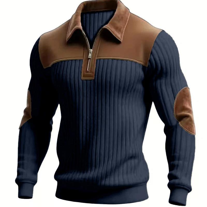 European Style Mens Knitwear Long Sleeve Patchwork Pullover Sweater Lapel Collar Casual Zipper Knitted Sweaters