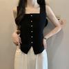 French Retro Solid Color Square Neck Single-Breasted Sleeveless Slim Knitted Vest For Women