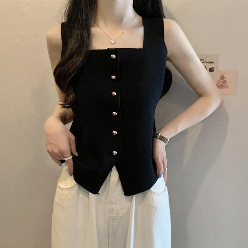 French Retro Solid Color Square Neck Single-Breasted Sleeveless Slim Knitted Vest For Women