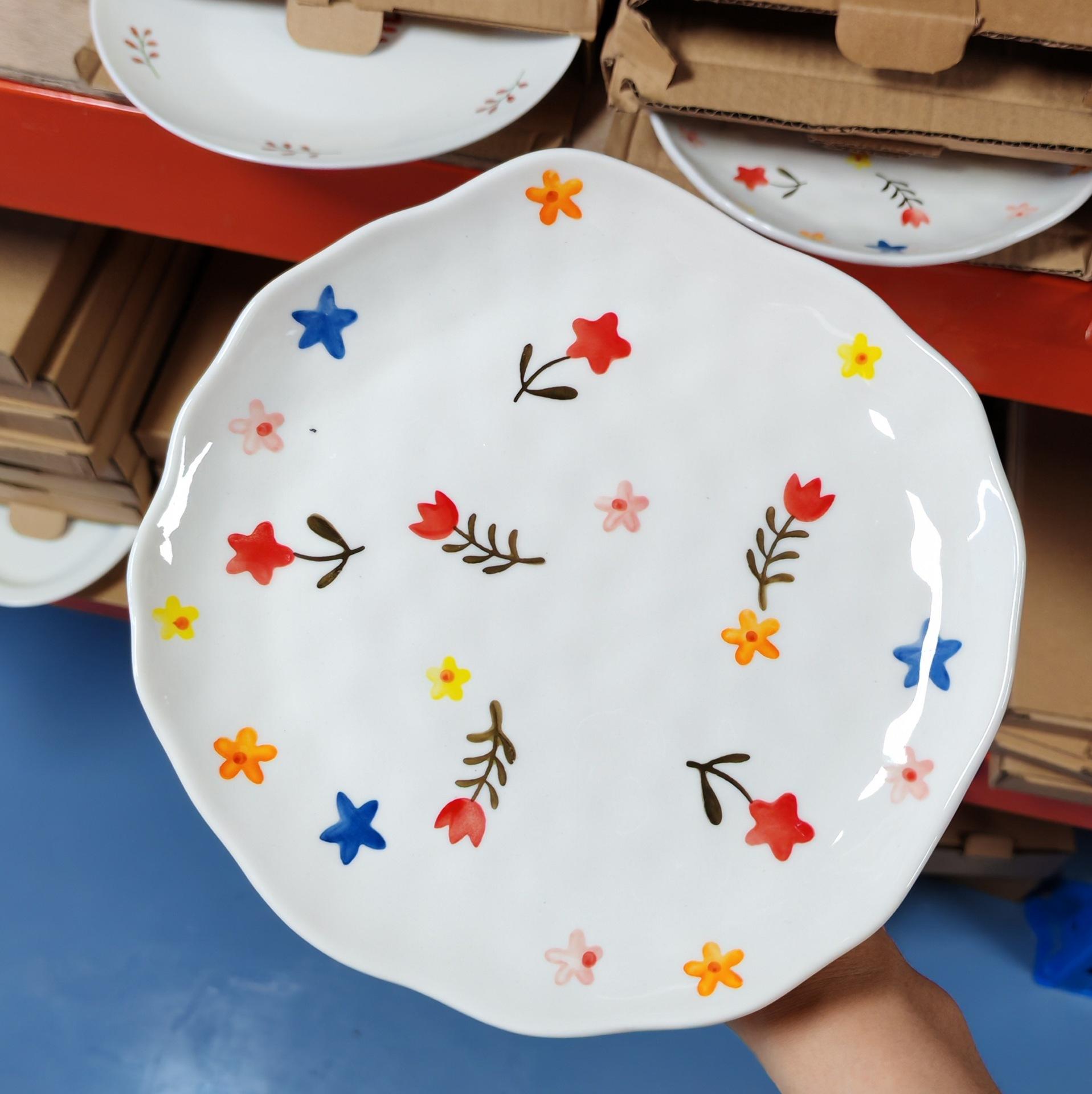

Ins style irregular floral ceramic plate handcrafted Korean underglaze dessert dish 19cm