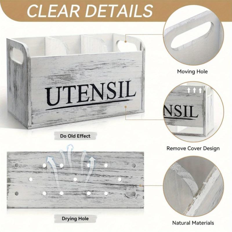 Rural wooden kitchen utensil rack -3-compartment countertop storage for silverware and cooking tools