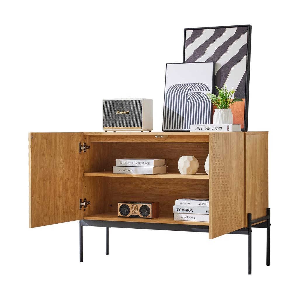 Sideboard with 2 doors and metal legs, buffet, chest of drawers with line design, dimensions: H 75 cm / W 100 cm / T 40 cm