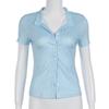 Sweetown Blaustreifen Kurzarmhemden für Damen zum Knöpfen Umlegekragen Slim Schlicht Lässig Preppy Oberteile Basic Sommer T-Shirts