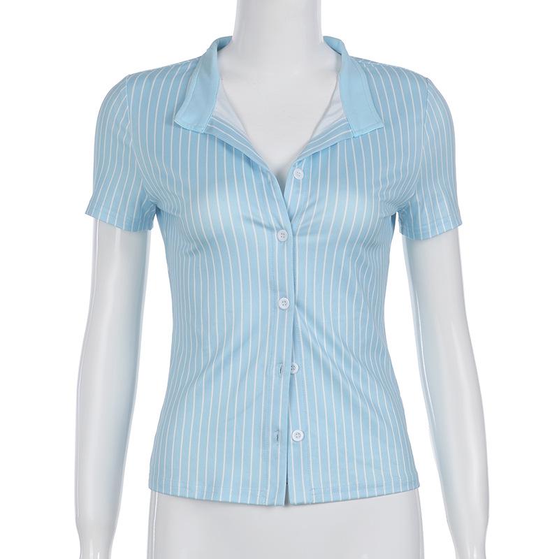 

Sweetown Рубашки с коротким рукавом в синюю полоску для женщин, на пуговицах, с отложным воротником, приталенные, простые, повседневные, в стиле преппи, топы, базовые летние футболки S бледный церулеан