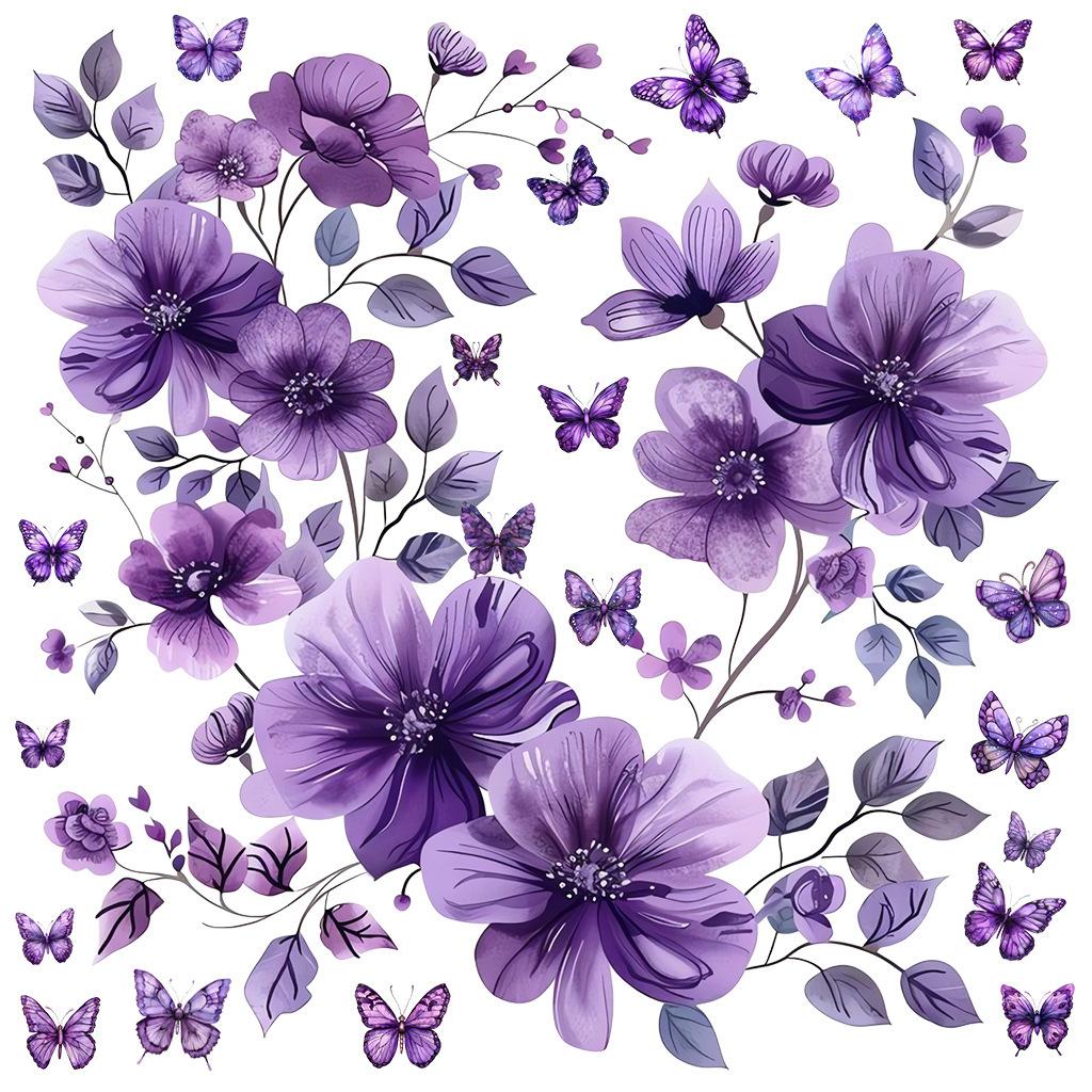 Purple Floral Butterfly Wall Stickers, Removable Anti-Static Waterproof Self-Adhesive PVC Decals for Living Room Bedroom Home Decor