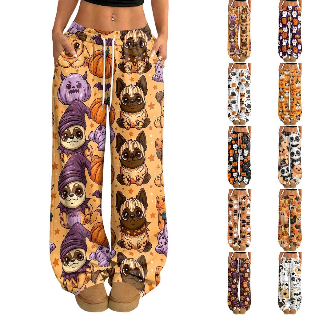 Women's Halloween Print Loose Fit Drawstring Waist Wide Leg Pants for Casual Daily Wear