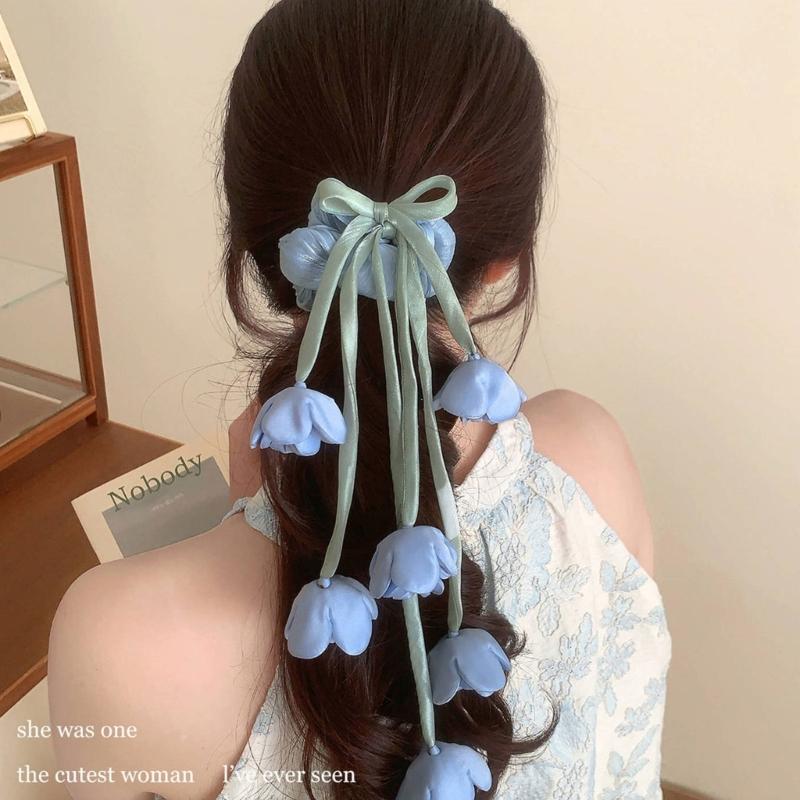 Elegant Floral Tulle Scrunchie With Fringe Detailing Headbands Rope Hair Band For Everyday Styling
