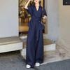 Women's 2 Piece Outfi  Navy Blue Belted Shirt and Wide Leg Pants Set Casual Summer Workwear