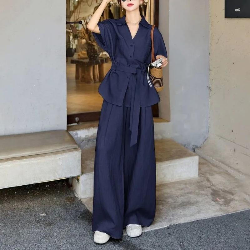 

Women s 2 Piece Outfi Navy Blue Belted Shirt and Wide Leg Pants Set Casual Summer Workwear L темно-синий