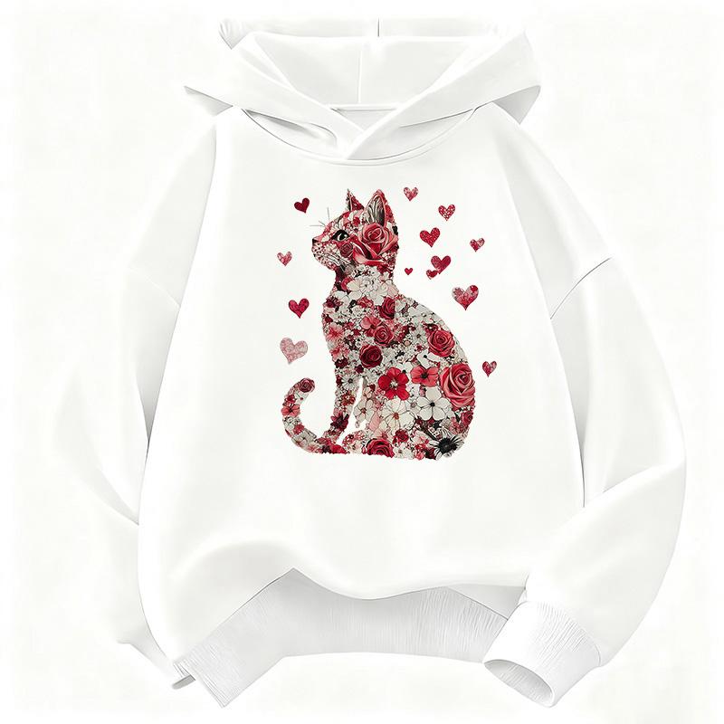 Lover Cat with Flower Deisgn Hooded Kids Children's Sweatshirt Cute Hoody for Boys Girls Autumn Winter Casual Hoodies