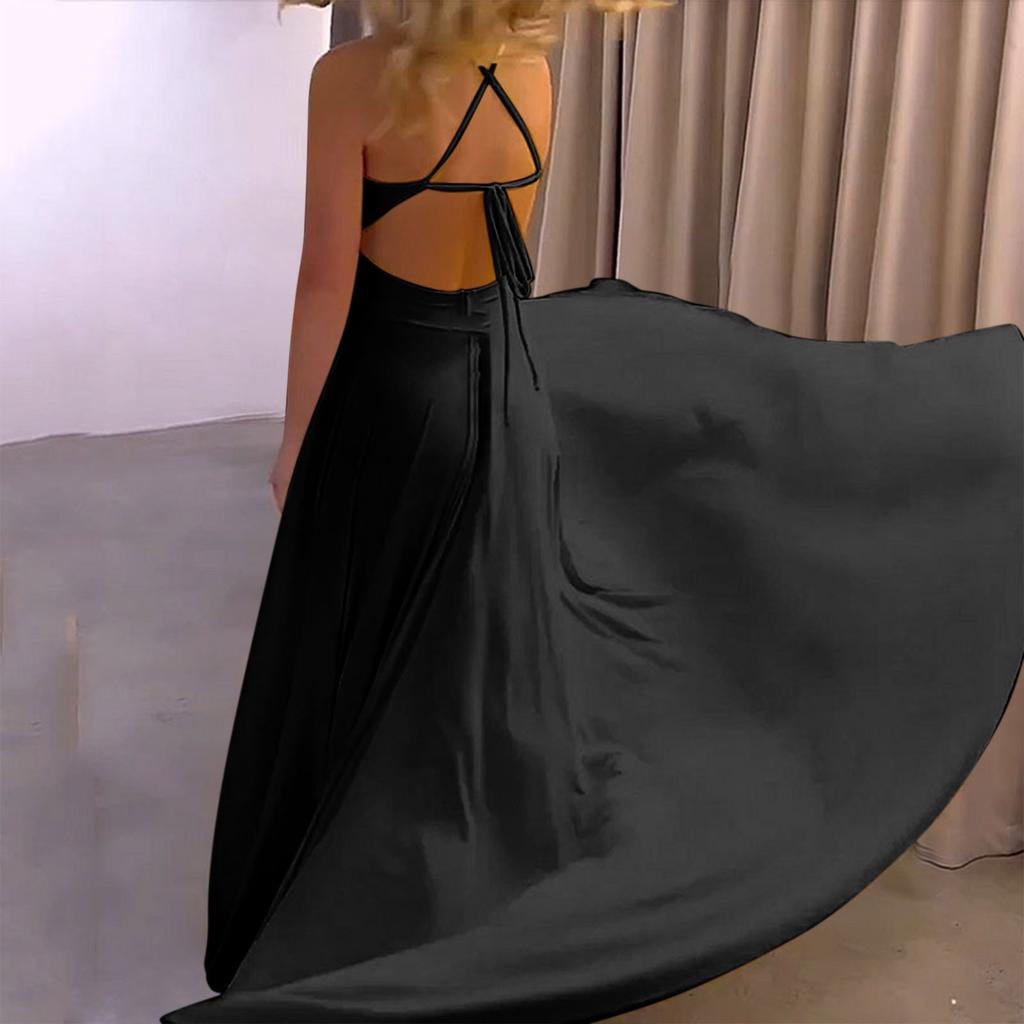 Women's Solid Color Suspender V-neck Backless  Slit Long Dress