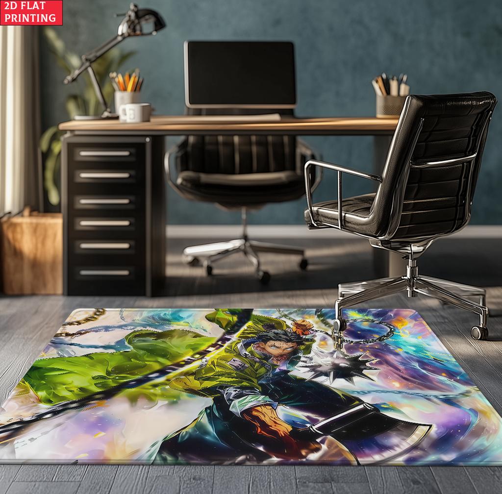 Anime Swordsman Area Rug, Blue Water Wave Theme  Floor Mat, Decorative Carpet for Gaming Room Bedroom, Washable Home Decor Gift
