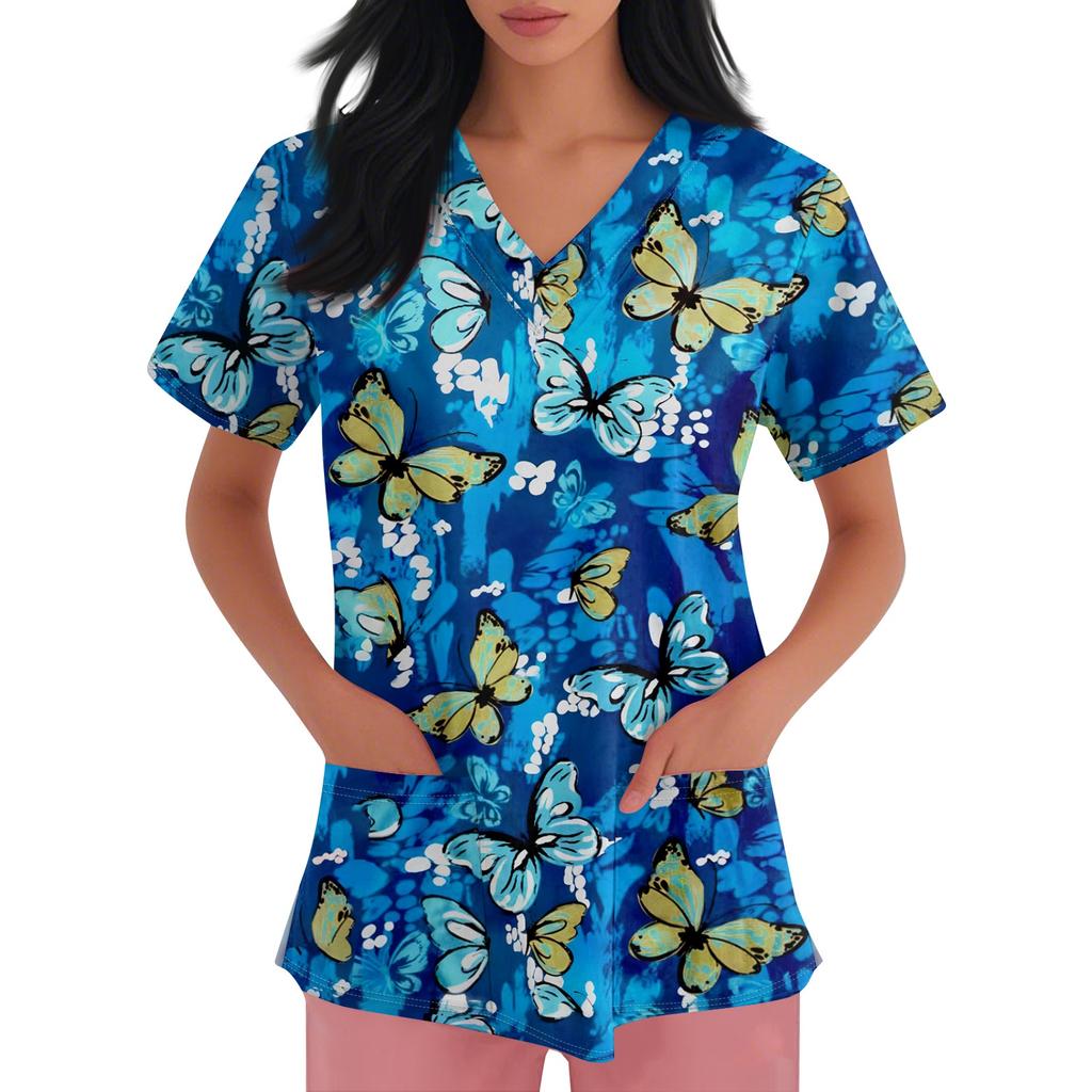 Women's V-neck Cartoon Printed Short-sleeved Pocket Side-slit Protective Suit Top