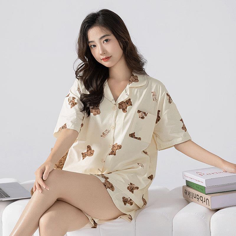 Summer Women's Japanese-Style Cute Teddy Bear Pajamas, Short-Sleeved Loose Cardigan, Casual Homewear Set.