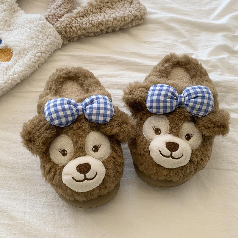 Cute Duffy Bear Cotton Slippers Women's 2025 Winter Wear Non-slip Home Indoor Thick-bottomed Velvet Thermal Cotton Slippers