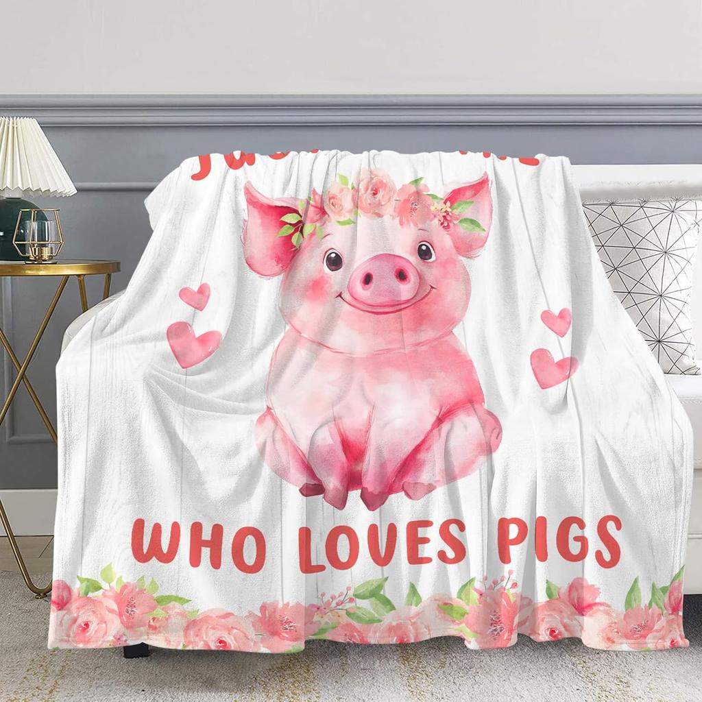 Pink Pig Flower Rose Flannel Blanket for Bed Sofa Portable Soft Fleece Throw Blankets Funny Plush Bedspread Queen King Twin Size