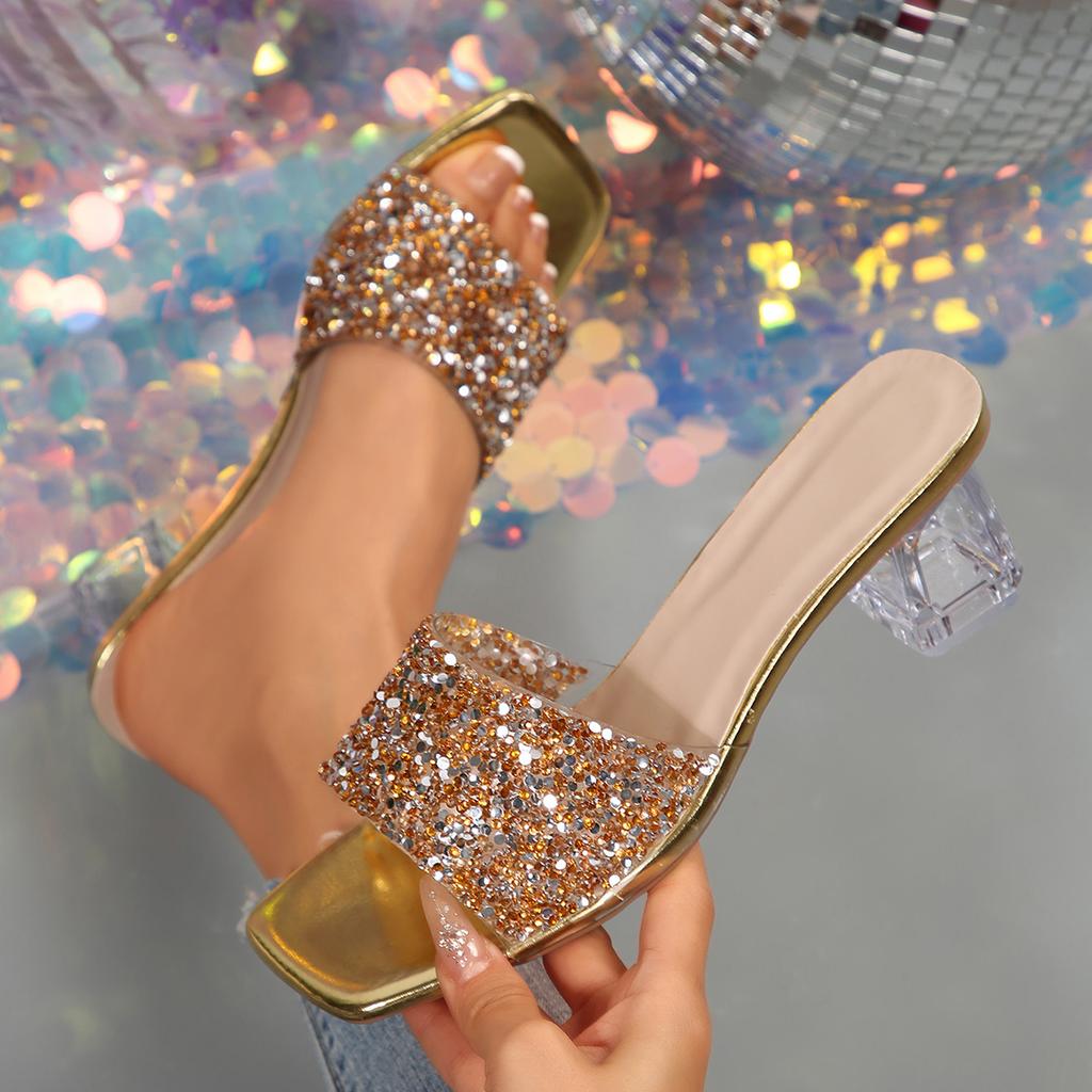 Fashion Women High Heels Sandals  2025 New Square Toe Transparent Heeled Sandals Woman Shiny Sequins Summer Fashion Glitter Shoes Women