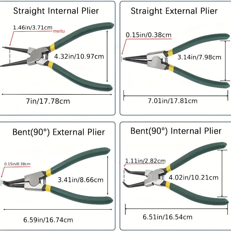 Professional Snap Ring Pliers Set 7Inch Heavy-Duty Internal/External Circlip Straight/ Bent Tips Durable Metal Construction