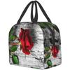 Red Rose Flowers On Gray Lunch Box Travel Bag Reusable Insulated Cooler Lunch Bags Girls Men Funny Picnic Tote Bag