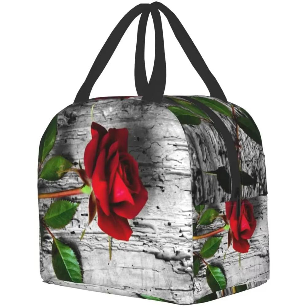 Red Rose Flowers On Gray Lunch Box Travel Bag Reusable Insulated Cooler Lunch Bags Girls Men Funny Picnic Tote Bag