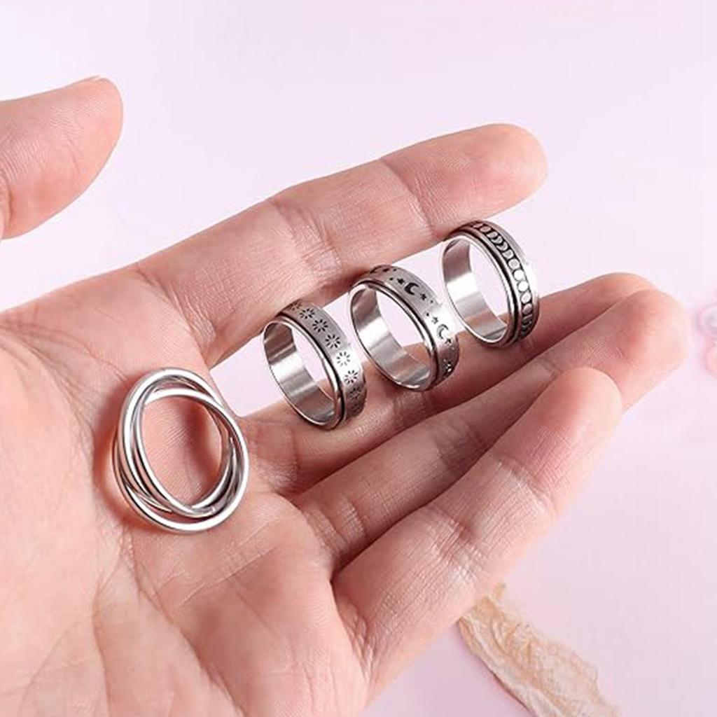 4Pcs Stainless Steel Band Rings For Women, Moon Star Rings, Relieving Band Ring Set