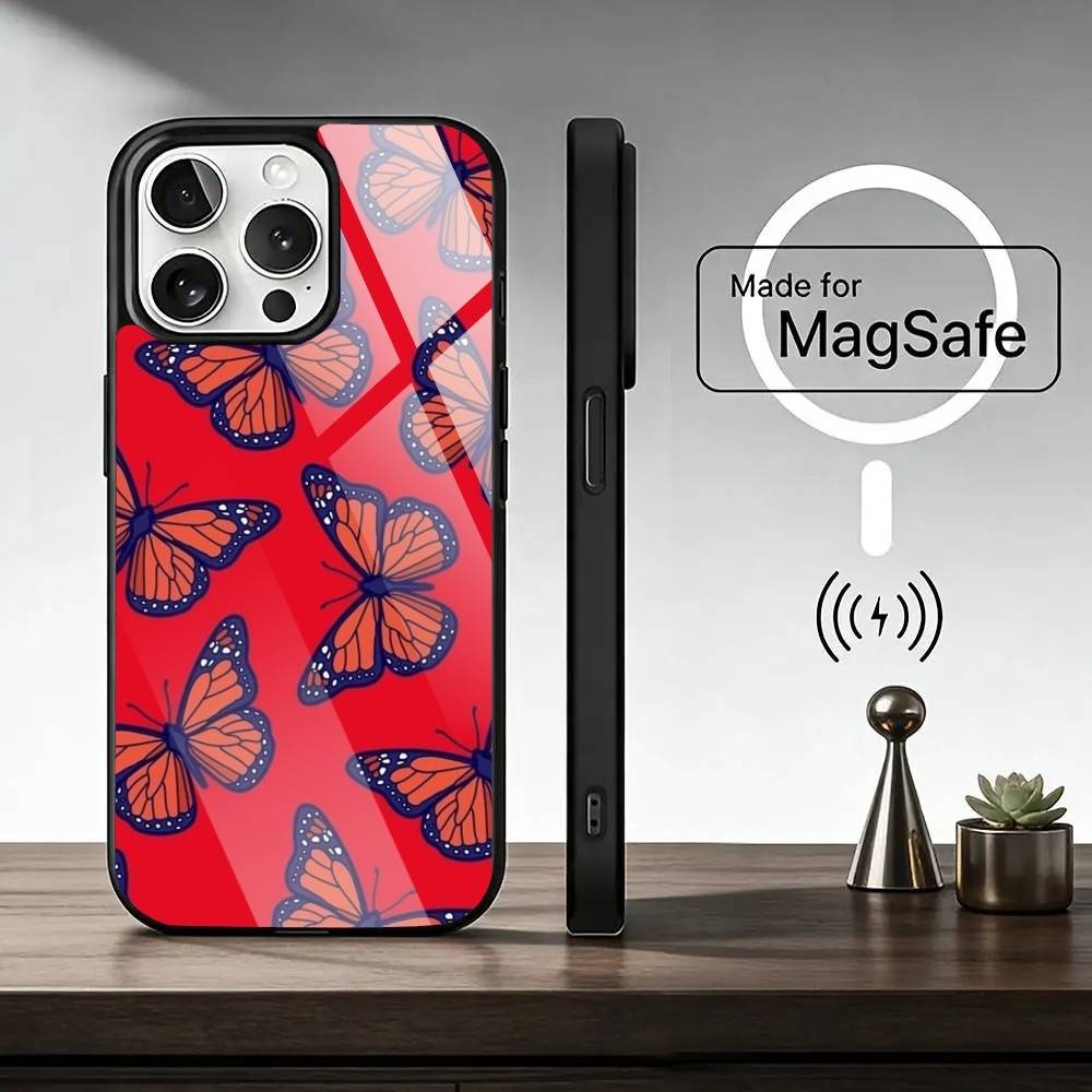 Retro Art Schwarzer B-Schmetterling Handyhülle für iPhone 17, 16, 15, 14, 13, 12, 11 Plus, Pro Magnetisch mit Magsafe Kabelloses Laden