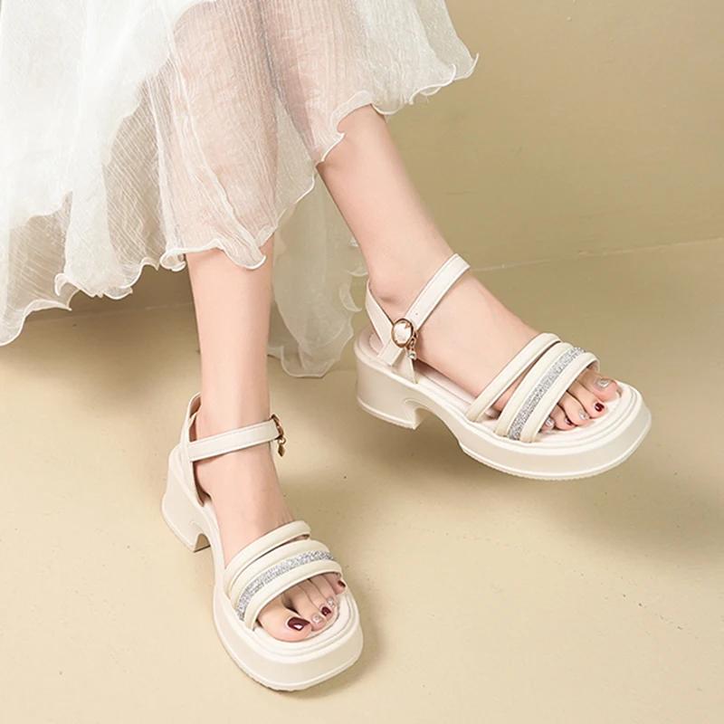 Fashion Crystal Band Thick Soled Sandals Woman Summer Ankle Buckle High Heel Sandals Women Open Toe Non Slip Gladiator Sandalias Mujer
