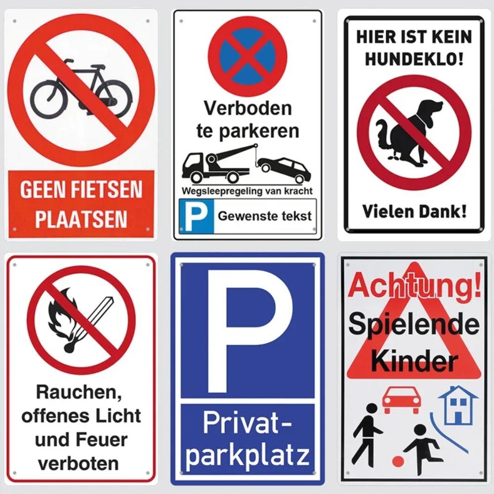 Mfoever Tin Sign Vintage Assorted Traffic Warning No Parking Tin Sign Set Retro European Bicycle Dog Fire Prohibition Metal Wall Art Rustic Saf