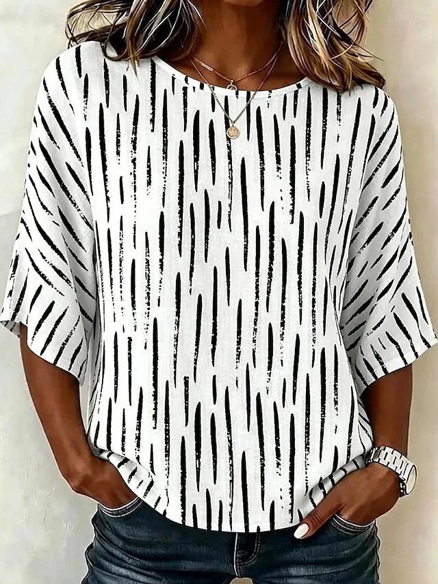 Womens Summer Loose Simple Printed Round Neck Casual Shirt S