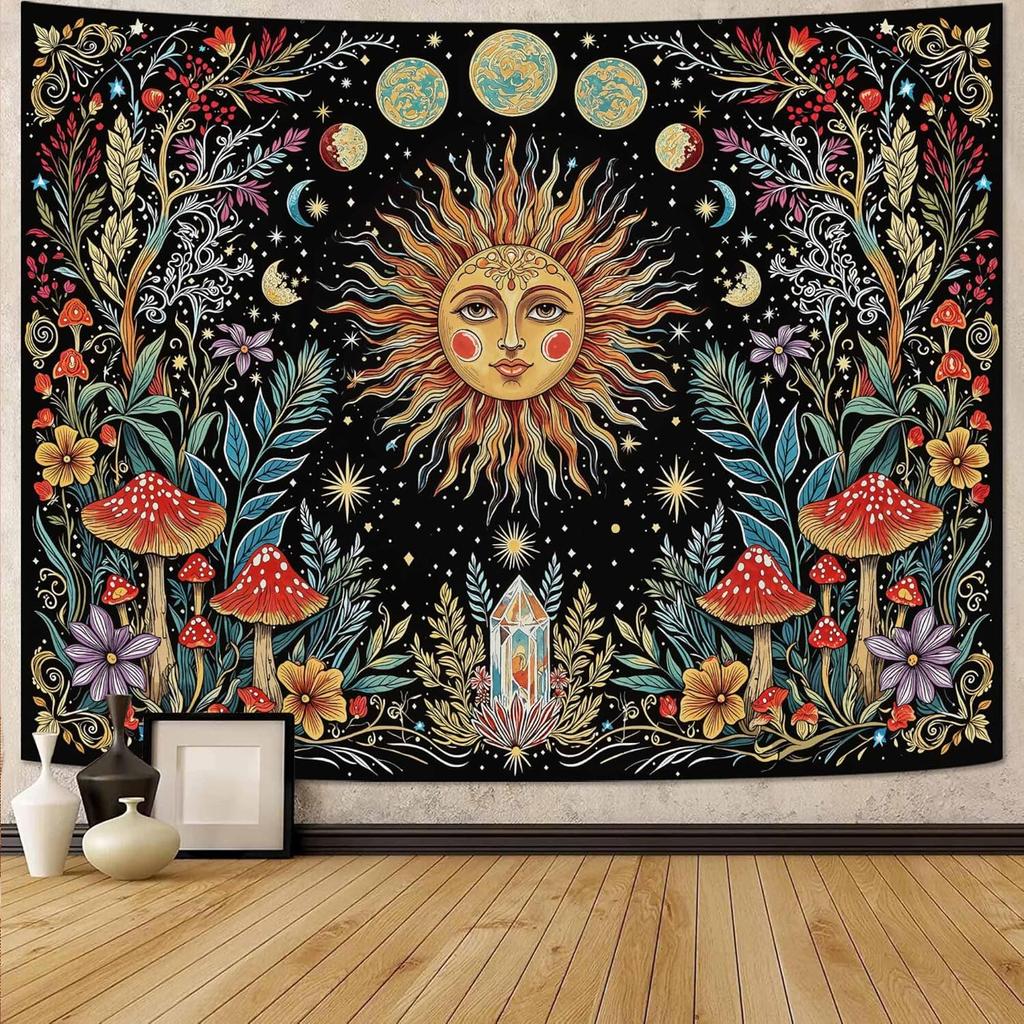VIKAMA Tapiz Sol Luna Dormitorio Hippie Bohemio Flor Tapiz de Pared Flor Retro Plantas Espíritu Celestial Gran Tapiz