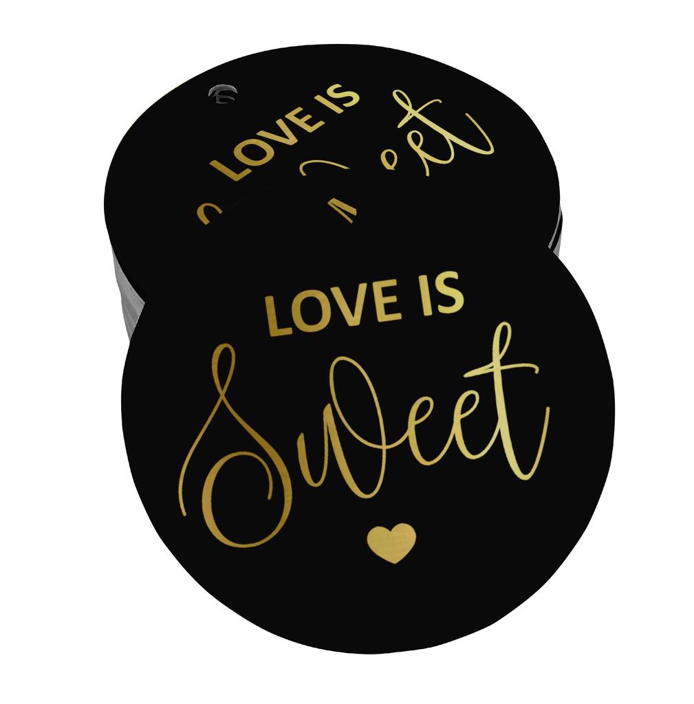 Inkdotpot 100 - Confezione da 100 etichette in carta stagnola color oro vero Love Is Sweet bomboniera da appendere