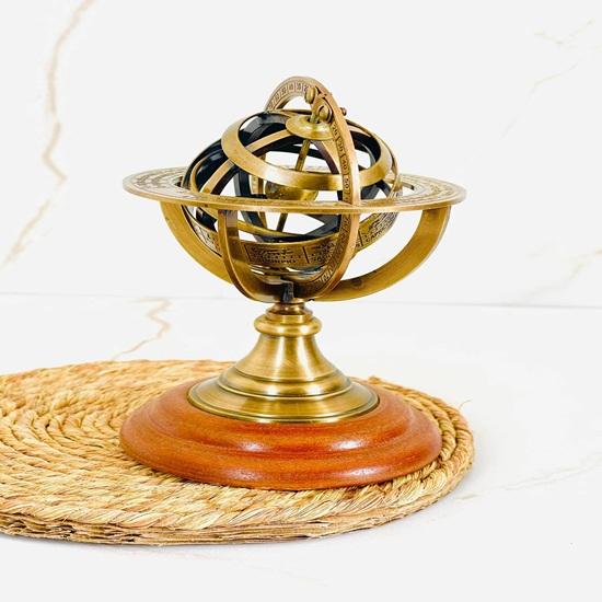 

15.24 Cm Brass Armillary Sphere Globe On Wooden Base Nautical Desk Decor Study Room, Home, Office