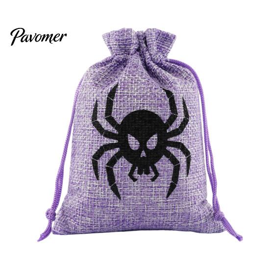 Small Fabric Storage Pouches Halloween Burlap Treat Bags, Pumpkin Ghost Bat Spider Witch Print Drawstring Rustic Bags Favors Candy for Cookies Snacks