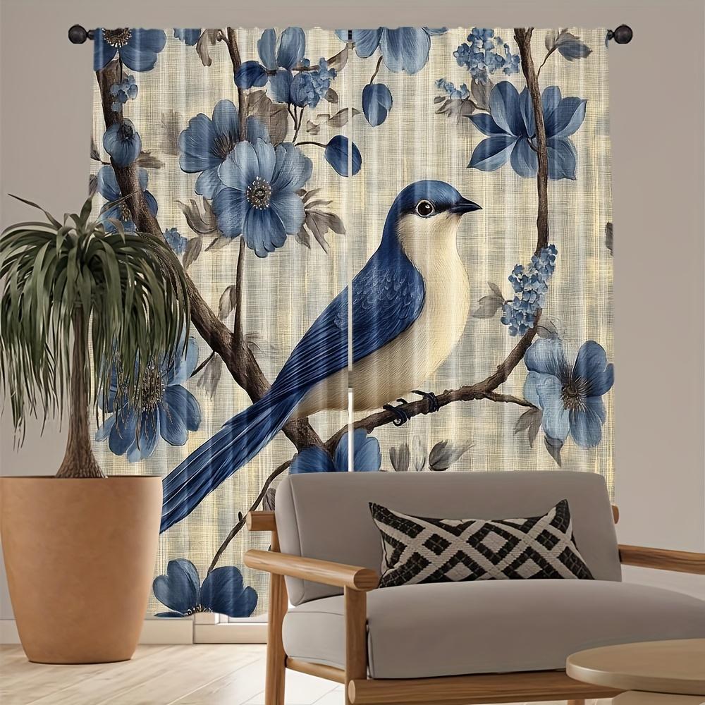 2PCS Digital Printed Curtains with Blue Flower Bird Design, Stylish Window Drapes for Living Room Bedroom Home Decoration
