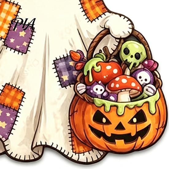 Cute Ghost Plaque Halloween Bow Door Sign, Wooden Patchwork Hanging with Pumpkin Candy Basket, Wood Craft Decoration Retro Wall Pendant Lanyard