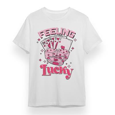 Damen Oversize T-Shirt mit Feeling Lucky Grafik Unisex Weiß 100% Baumwoll-T-Shirt
