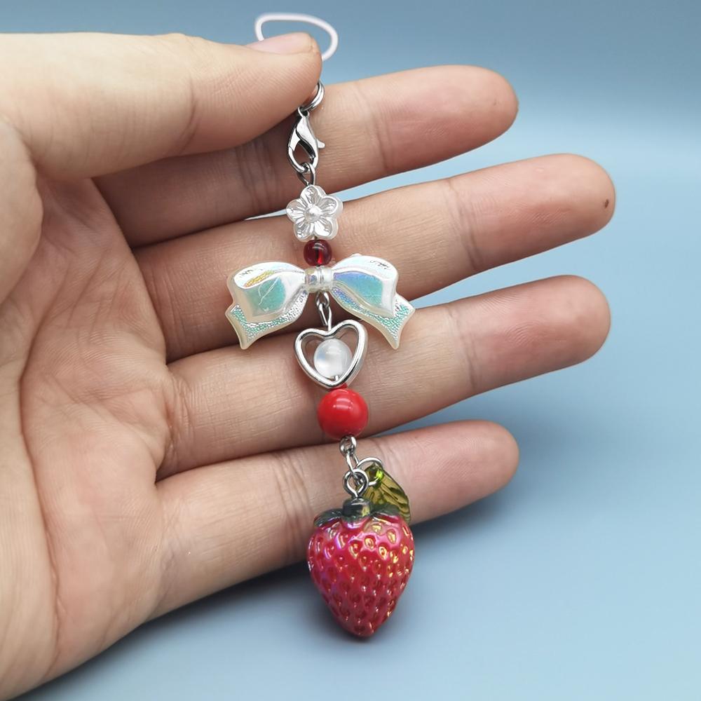 

Original Kawaii Red Strawberry Phone Charm Lanyard White Bow Keychain Strap Rope for Phone Bag Camera Pendant