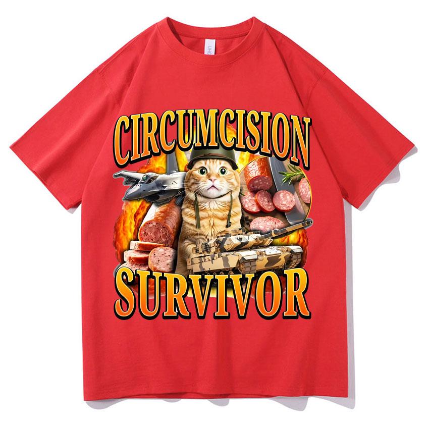 Circumcision Survivor Funny Cat Meme Tshirt Unisex Women Retro High Quality Tshirt Casual Cotton Gothic Cozy Short Sleeve Tshirt S